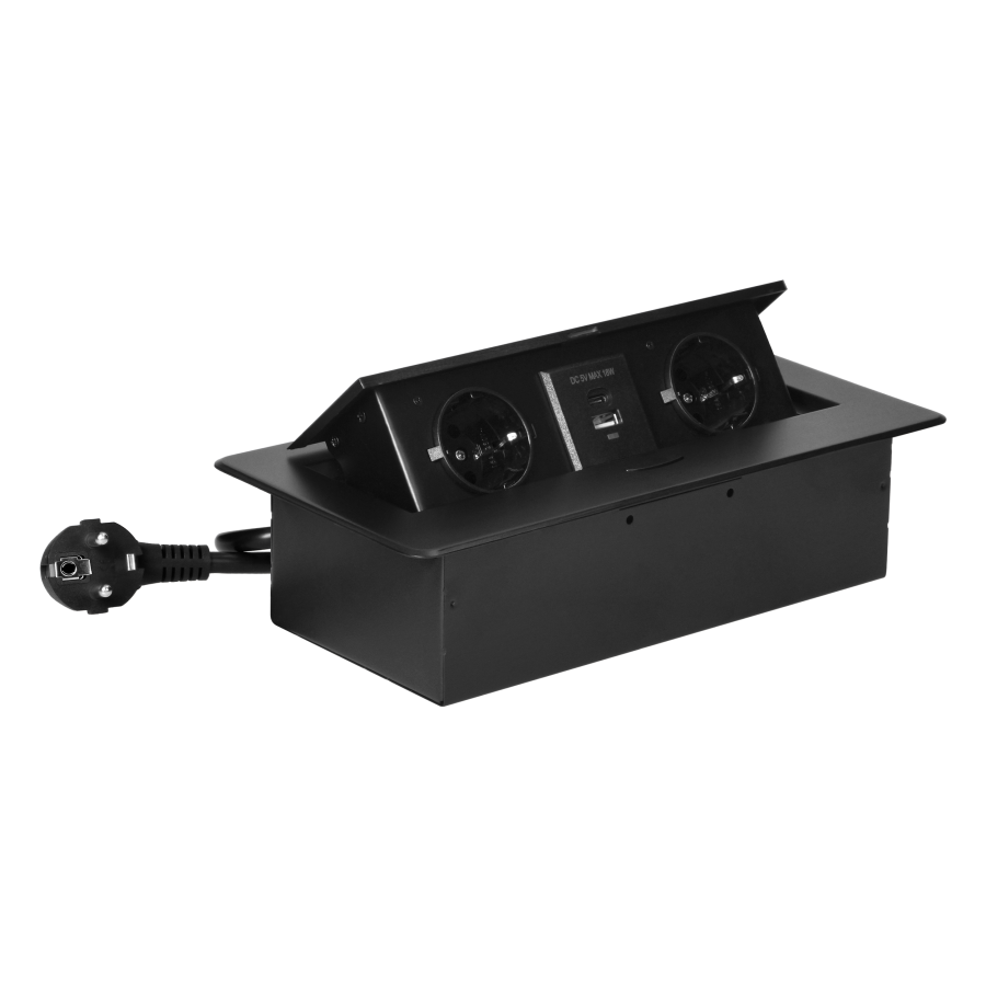 Recessed furniture socket with flat milled edge, USB charger and 1.5m cable, 2x2P+E (Schuko), 2x USB (type A+C; 3.6A), black