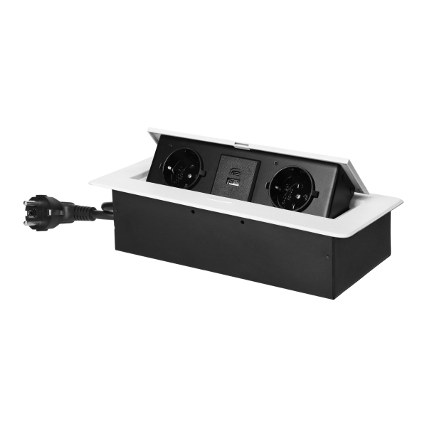 Gniazdo meblowe wpuszczane w blat z płaskim frezowanym rantem, ładowarką USB i przewodem 1,5m, 2x2P+Z (Schuko), 2xUSB (typ A+C; 3,6A), białe