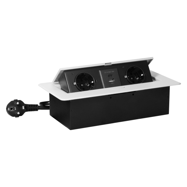 Recessed furniture socket with flat milled edge, USB charger and 1.5m cable, 2x2P+E (Schuko), 2xUSB (type A+C; 3.6A), white