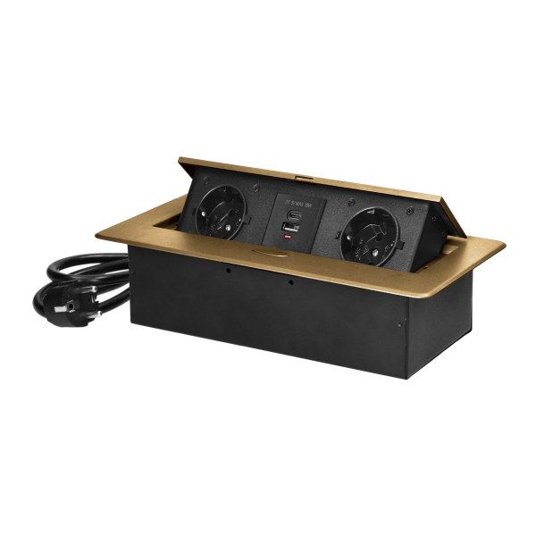 Recessed furniture socket with flat milled edge, USB charger and 1.5m cable, 2x2P+E (Schuko), 2xUSB (type A+C; 3.6A), gold