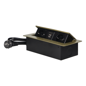 Gniazda meblowe wpuszczane w blat z płaskim frezowanym rantem, ładowarką USB i przewodem 1,5m, 2x2P+Z (Schuko), 2xUSB, kolor mosiądzu