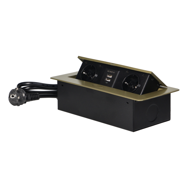 Recessed furniture sockets in a housing with a flat edge, USB charger and 1.5 m cable, 2x2P+E (Schuko), 2xUSB, brass color