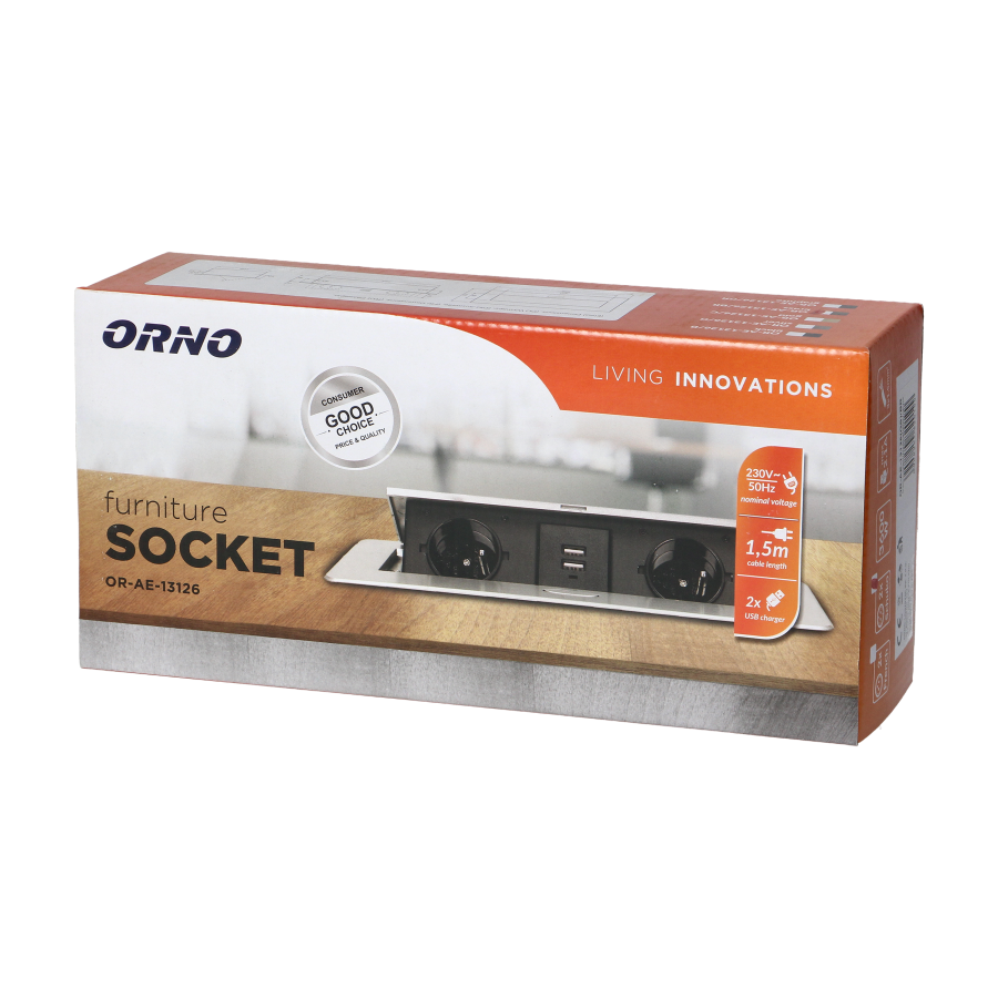 Gniazda meblowe wpuszczane w blat z płaskim frezowanym rantem, ładowarką USB i przewodem 1,5m, 2x2P+Z (Schuko), 2xUSB, kolor mosiądzu