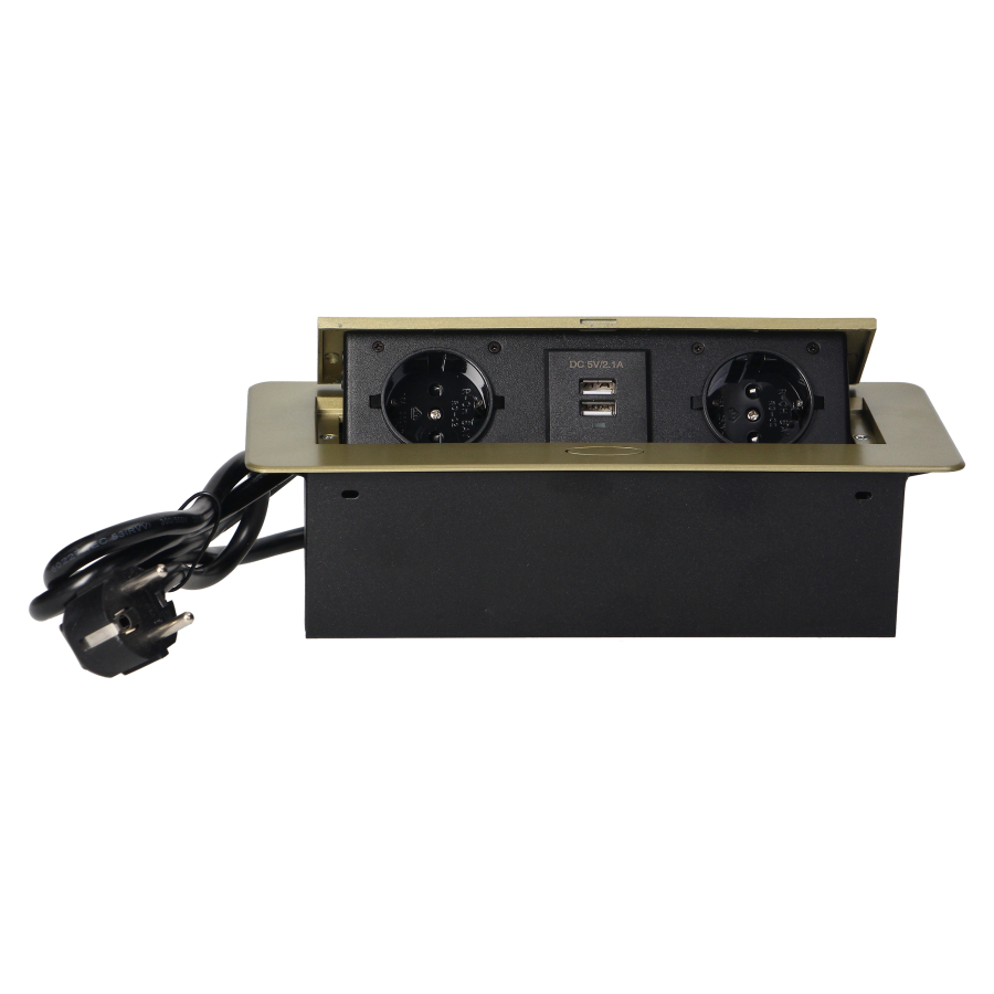 Recessed furniture sockets in a housing with a flat edge, USB charger and 1.5 m cable, 2x2P+E (Schuko), 2xUSB, brass color