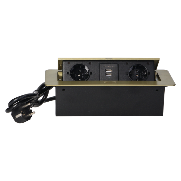 Recessed furniture sockets in a housing with a flat edge, USB charger and 1.5 m cable, 2x2P+E (Schuko), 2xUSB, brass color