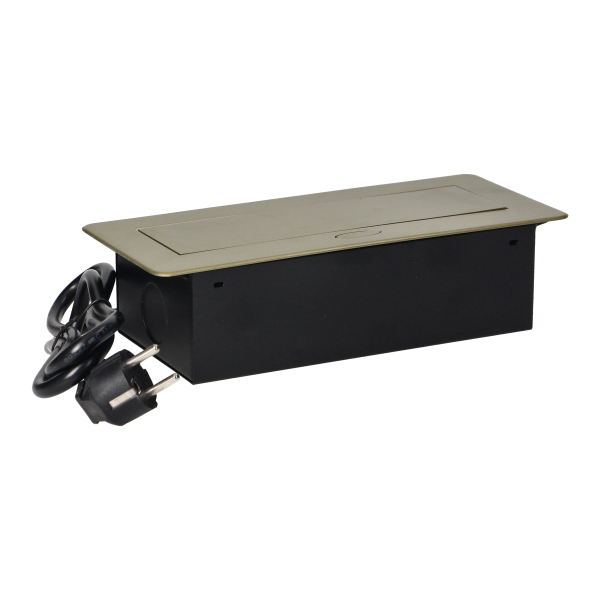 Gniazda meblowe wpuszczane w blat z płaskim frezowanym rantem, ładowarką USB i przewodem 1,5m, 2x2P+Z (Schuko), 2xUSB, kolor mosiądzu