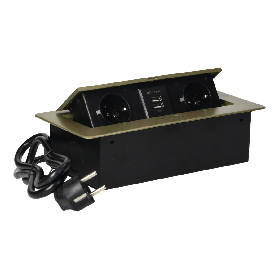 Gniazda meblowe wpuszczane w blat z płaskim frezowanym rantem, ładowarką USB i przewodem 1,5m, 2x2P+Z (Schuko), 2xUSB, kolor mosiądzu