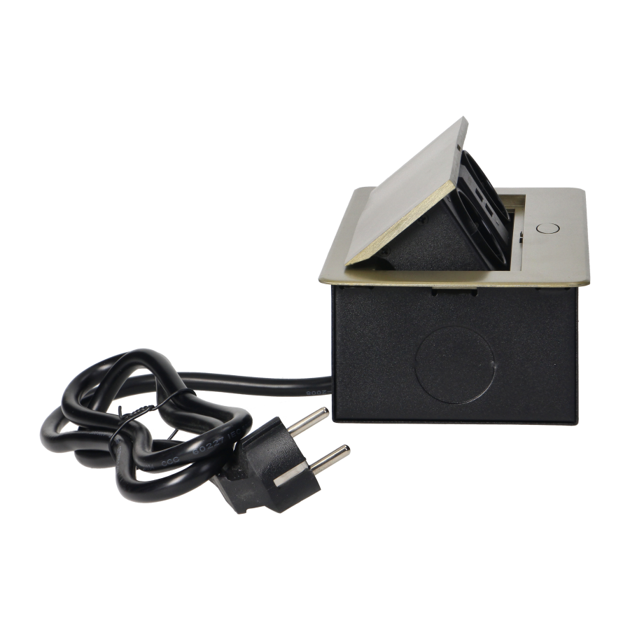 Gniazda meblowe wpuszczane w blat z płaskim frezowanym rantem, ładowarką USB i przewodem 1,5m, 2x2P+Z (Schuko), 2xUSB, kolor mosiądzu