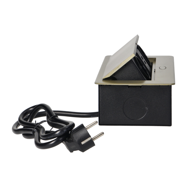 Recessed furniture sockets in a housing with a flat edge, USB charger and 1.5 m cable, 2x2P+E (Schuko), 2xUSB, brass color