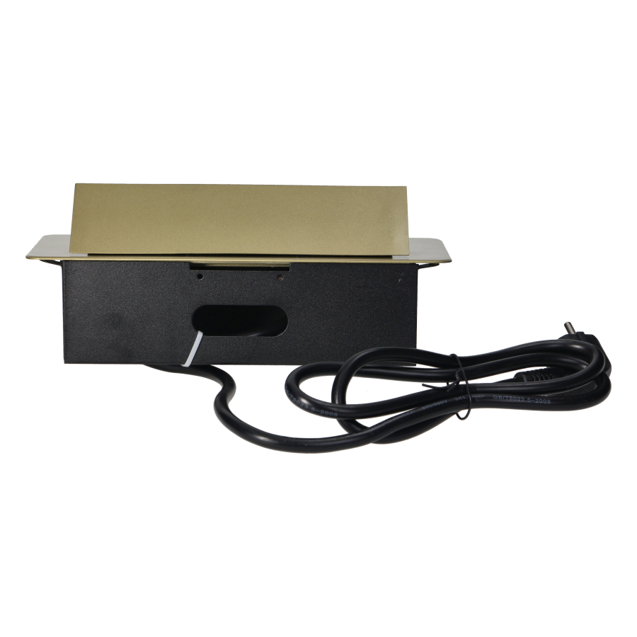 Recessed furniture sockets in a housing with a flat edge, USB charger and 1.5 m cable, 2x2P+E (Schuko), 2xUSB, brass color