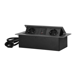 Recessed furniture socket with flat milled edge, USB charger and 1.5m cable, 2x2P+E (Schuko), 2x USB (type A+C; 3.6A), graphite