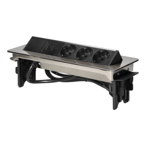Recessed furniture sockets in nickel housing with two USB chargers and 1.8m cable, 3x2P+E (Schuko), 2xUSB