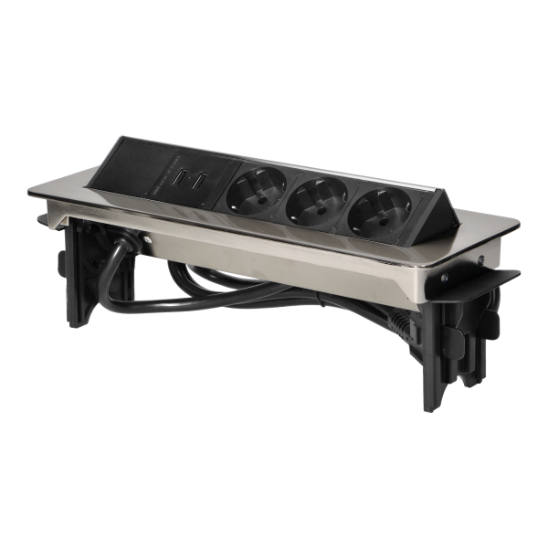 Recessed furniture sockets in nickel housing with two USB chargers and 1.8m cable, 3x2P+E (Schuko), 2xUSB Recessed furniture sockets in nickel housing with two USB chargers and 1.8m cable, 3x2P+E (Schuko), 2xUSB