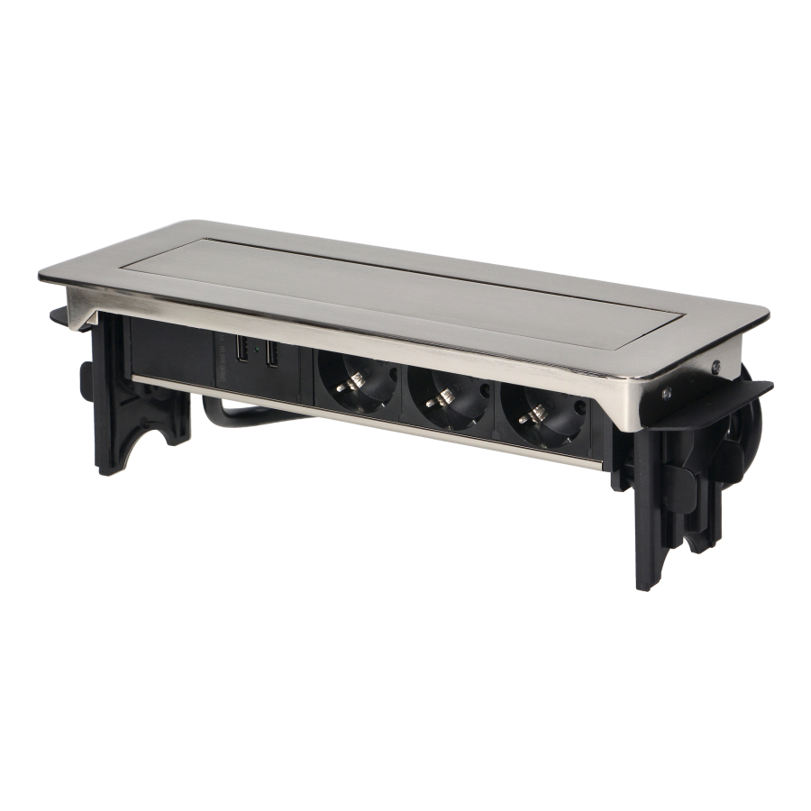 Gniazdo meblowe wpuszczane w blat w niklowanej obudowie z ładowarką USB i przewodem 1,8m, 3x2P+Z (Schuko), 2xUSB