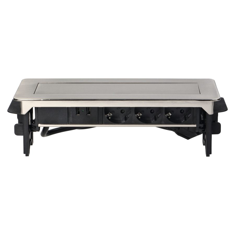Recessed furniture sockets in nickel housing with two USB chargers and 1.8m cable, 3x2P+E (Schuko), 2xUSB
