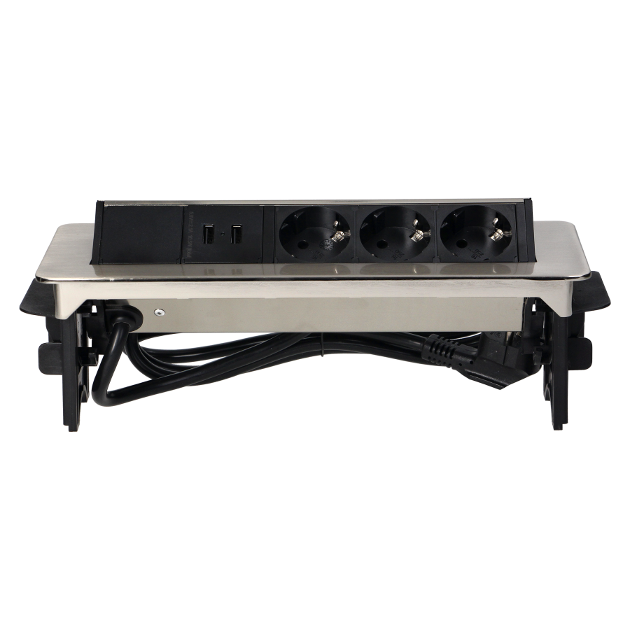 Recessed furniture sockets in nickel housing with two USB chargers and 1.8m cable, 3x2P+E (Schuko), 2xUSB