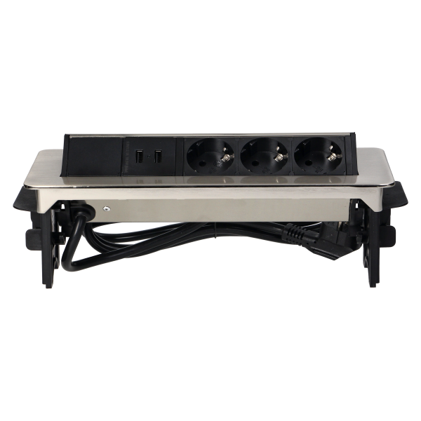 Gniazdo meblowe wpuszczane w blat w niklowanej obudowie z ładowarką USB i przewodem 1,8m, 3x2P+Z (Schuko), 2xUSB