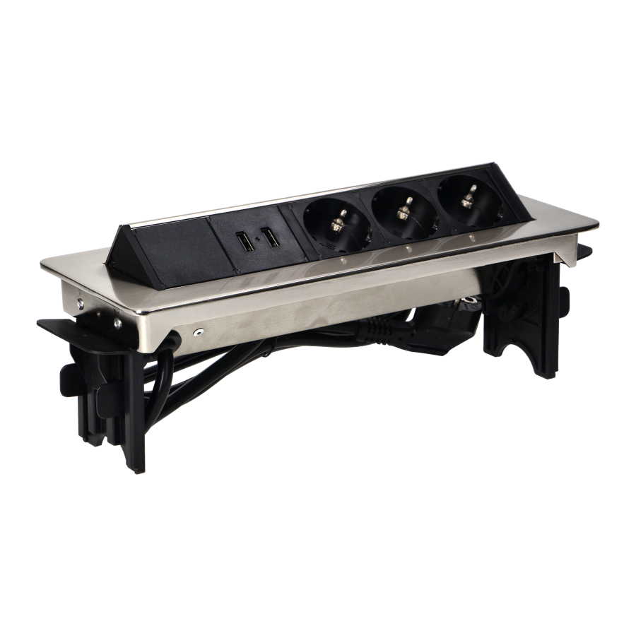 Gniazdo meblowe wpuszczane w blat w niklowanej obudowie z ładowarką USB i przewodem 1,8m, 3x2P+Z (Schuko), 2xUSB