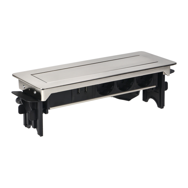 Recessed furniture sockets in nickel housing with two USB chargers and 1.8m cable, 3x2P+E (Schuko), 2xUSB Recessed furniture sockets in nickel housing with two USB chargers and 1.8m cable, 3x2P+E (Schuko), 2xUSB