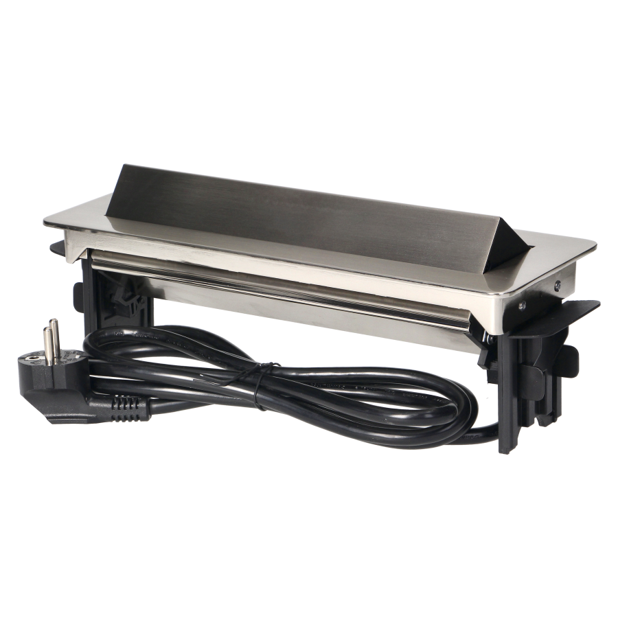 Gniazdo meblowe wpuszczane w blat w niklowanej obudowie z ładowarką USB i przewodem 1,8m, 3x2P+Z (Schuko), 2xUSB