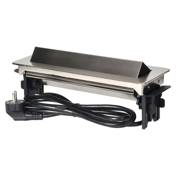 Gniazdo meblowe wpuszczane w blat w niklowanej obudowie z ładowarką USB i przewodem 1,8m, 3x2P+Z (Schuko), 2xUSB