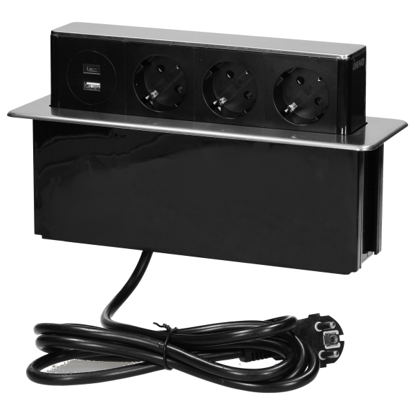 Recessed furniture power box with flat milled edge, USB charger, a cord 2m long, 3 sockets F type, 2 x USB ports (A + C 3.0A; QC 3.0), 3x1.5mm², black-silver, INOX, Schuko type