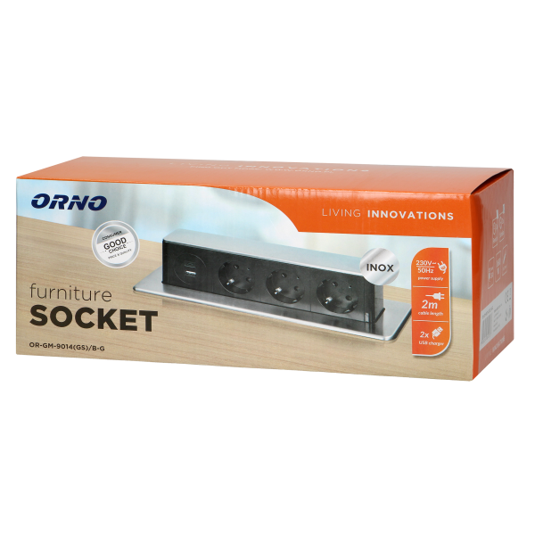 Gniazdo meblowe wysuwane z blatu z płaskim frezowanym rantem, ładowarką USB i przewodem 2m, 3 gniazda typ F, 2 x USB (Typ A + C 3,1A; QC 3.0), 3x1,5mm², czarno-srebrne, INOX, wesja Schuko