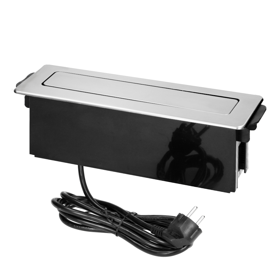 Recessed furniture power box with flat milled edge, USB charger, a cord 2m long, 3 sockets F type, 2 x USB ports (A + C 3.0A; QC 3.0), 3x1.5mm², black-silver, INOX, Schuko type