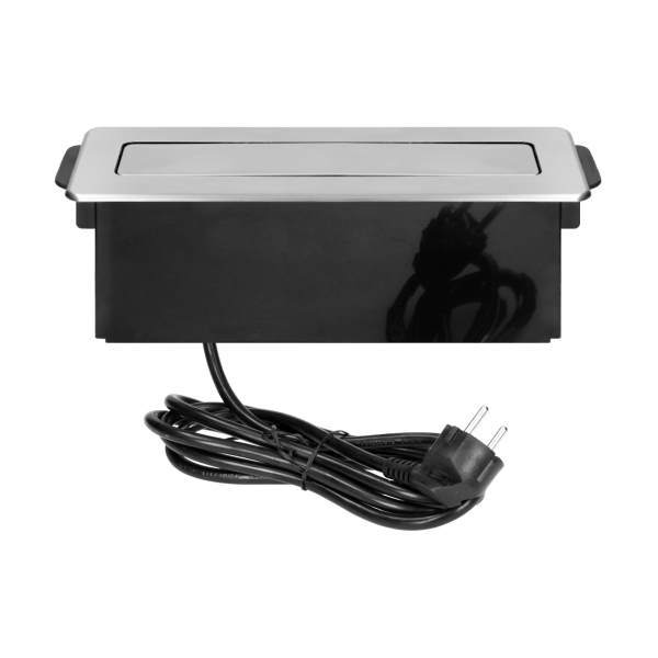 Gniazdo meblowe wysuwane z blatu z płaskim frezowanym rantem, ładowarką USB i przewodem 2m, 3 gniazda typ F, 2 x USB (Typ A + C 3,1A; QC 3.0), 3x1,5mm², czarno-srebrne, INOX, wesja Schuko