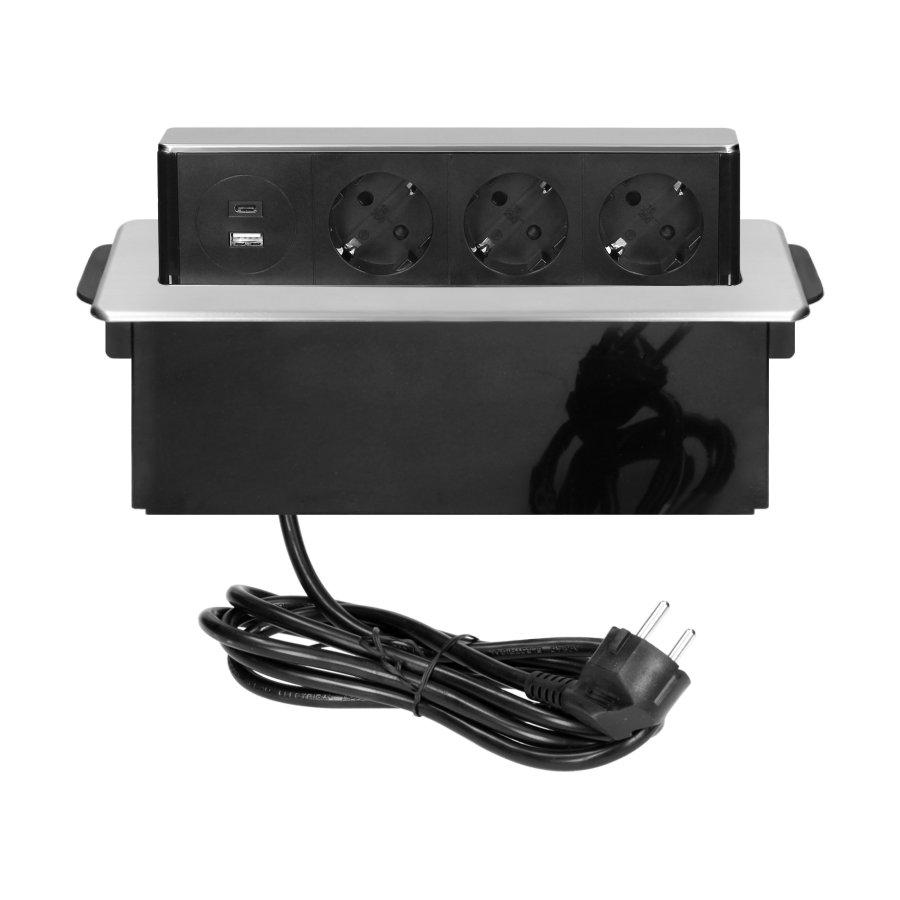 Gniazdo meblowe wysuwane z blatu z płaskim frezowanym rantem, ładowarką USB i przewodem 2m, 3 gniazda typ F, 2 x USB (Typ A + C 3,1A; QC 3.0), 3x1,5mm², czarno-srebrne, INOX, wesja Schuko