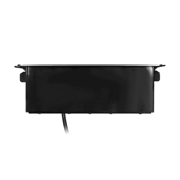 Gniazdo meblowe wysuwane z blatu z płaskim frezowanym rantem, ładowarką USB i przewodem 2m, 3 gniazda typ F, 2 x USB (Typ A + C 3,1A; QC 3.0), 3x1,5mm², czarno-srebrne, INOX, wesja Schuko