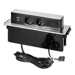 Gniazdo meblowe wysuwane z blatu z płaskim frezowanym rantem, ładowarką USB i przewodem 2m,  2x2P+Z (Schuko), 2 x USB (Typ A), HDMI, 3x1,5mm², czarno-srebrne, INOX