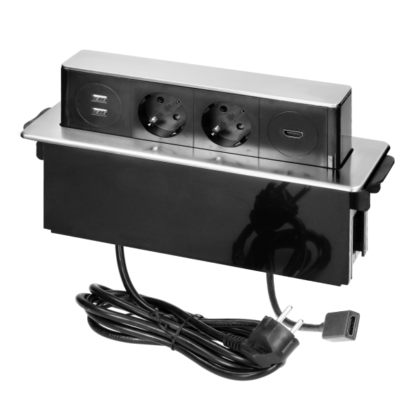 Gniazdo meblowe wysuwane z blatu z płaskim frezowanym rantem, ładowarką USB i przewodem 2m,  2x2P+Z (Schuko), 2 x USB (Typ A), HDMI, 3x1,5mm², czarno-srebrne, INOX