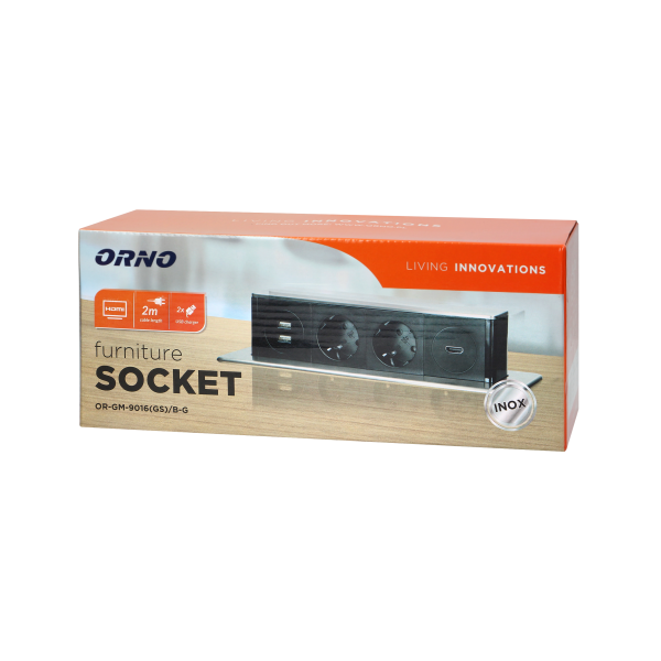 Gniazdo meblowe wysuwane z blatu z płaskim frezowanym rantem, ładowarką USB i przewodem 2m,  2x2P+Z (Schuko), 2 x USB (Typ A), HDMI, 3x1,5mm², czarno-srebrne, INOX