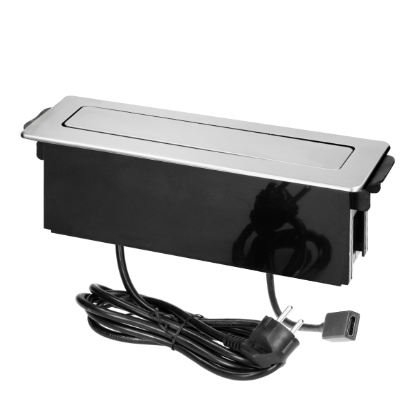 Recessed furniture power box with flat edge, USB chargers and 2m cord, 2x2P+E (Schuko), 2xUSB (A Type), HDMI, 3x1,5mm², black-silver, INOX