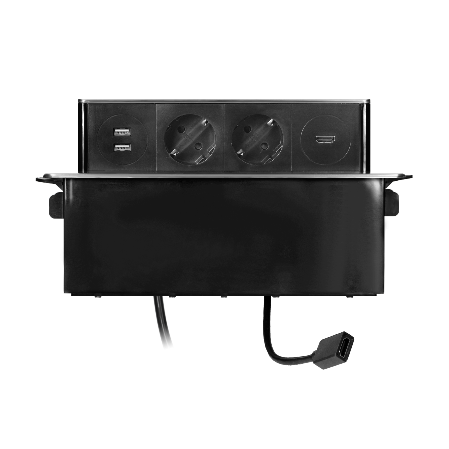 Gniazdo meblowe wysuwane z blatu z płaskim frezowanym rantem, ładowarką USB i przewodem 2m,  2x2P+Z (Schuko), 2 x USB (Typ A), HDMI, 3x1,5mm², czarno-srebrne, INOX