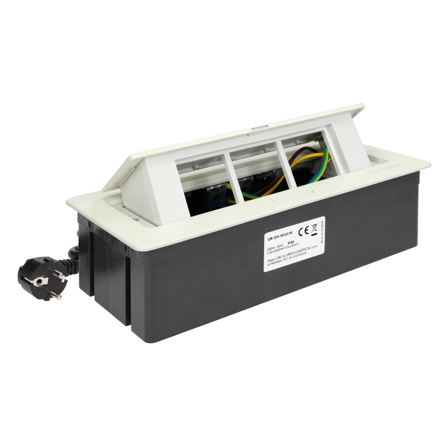 NOEN Kaseta meblowa wpuszczana w blat ze zintegrowaną ramką PCV na gniazda modułowe 3 x 45x45mm lub 6 x 22,5x45mm, przewód 1,5m, białe