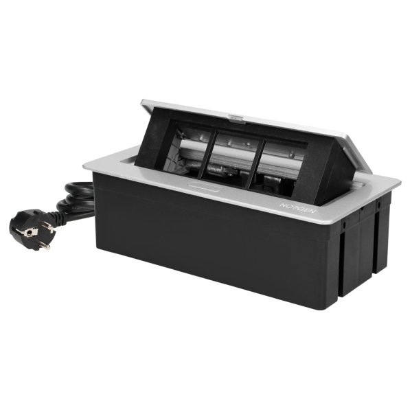 NOEN Kaseta meblowa wpuszczana w blat ze zintegrowaną ramką PCV na gniazda modułowe 3 x 45x45mm lub 6 x 22,5x45mm, przewód 1,5m, srebrne
