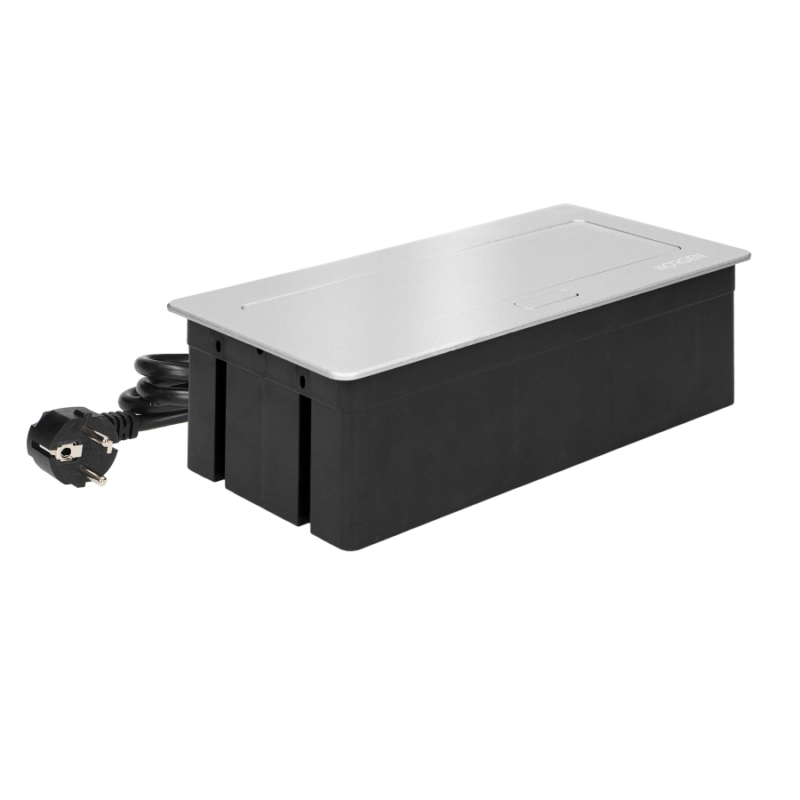 NOEN Kaseta meblowa wpuszczana w blat ze zintegrowaną ramką PCV na gniazda modułowe 3 x 45x45mm lub 6 x 22,5x45mm, przewód 1,5m, srebrne