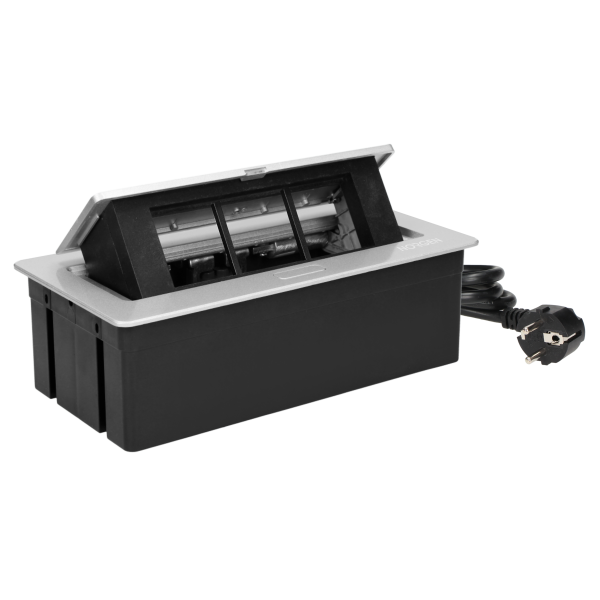NOEN Kaseta meblowa wpuszczana w blat ze zintegrowaną ramką PCV na gniazda modułowe 3 x 45x45mm lub 6 x 22,5x45mm, przewód 1,5m, srebrne