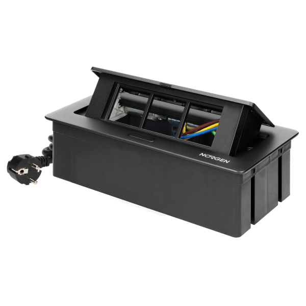 NOEN Kaseta meblowa wpuszczana w blat ze zintegrowaną ramką PCV na gniazda modułowe 3 x 45x45mm lub 6 x 22,5x45mm, przewód 1,5m, czarne