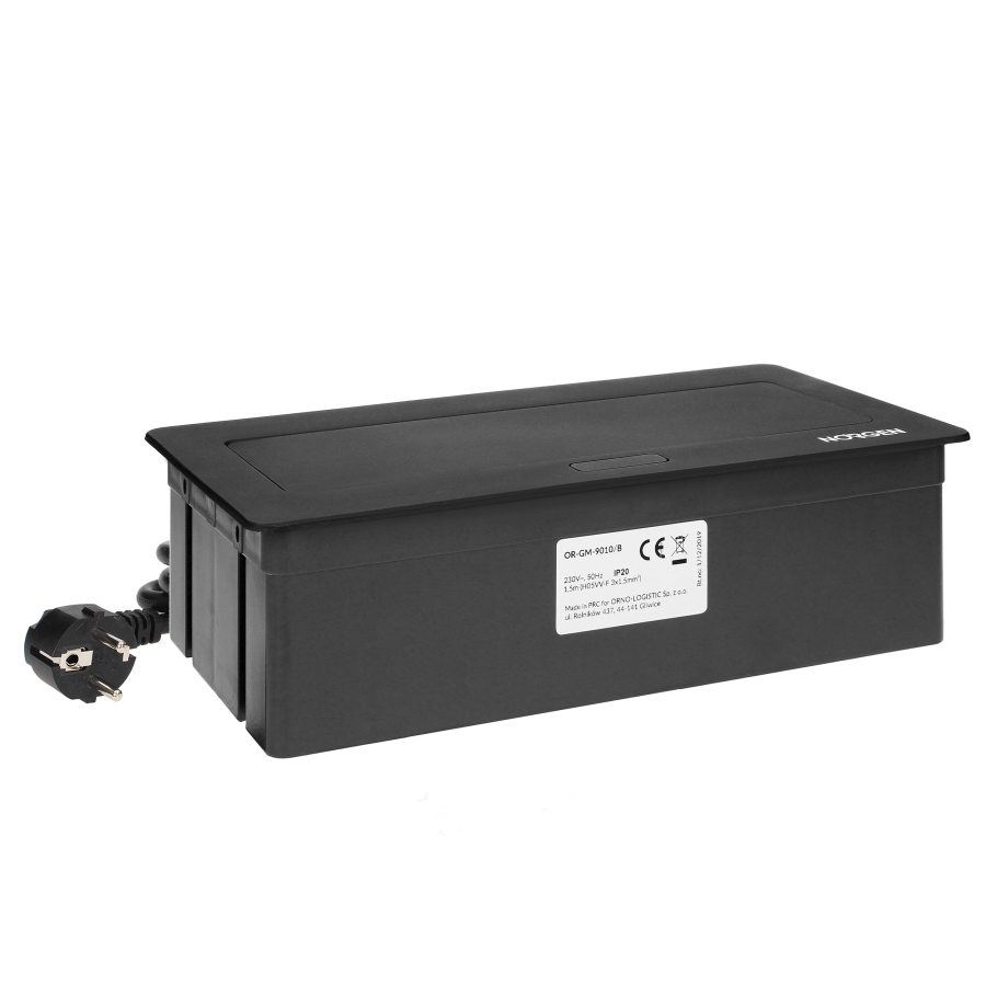 NOEN Kaseta meblowa wpuszczana w blat ze zintegrowaną ramką PCV na gniazda modułowe 3 x 45x45mm lub 6 x 22,5x45mm, przewód 1,5m, czarne