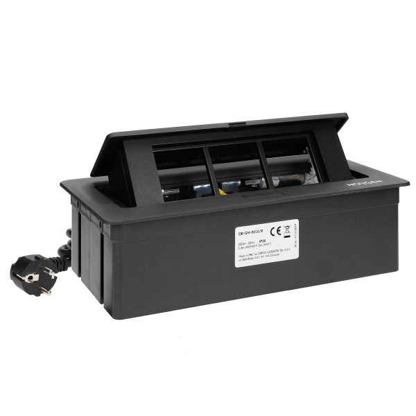 NOEN Kaseta meblowa wpuszczana w blat ze zintegrowaną ramką PCV na gniazda modułowe 3 x 45x45mm lub 6 x 22,5x45mm, przewód 1,5m, czarne