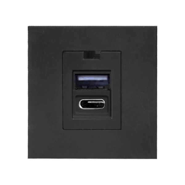 NOEN USB x 2 - typ A + C, podwójny port modułowy 45x45mm z ładowarką USB, 2,1A 5V DC, czarny