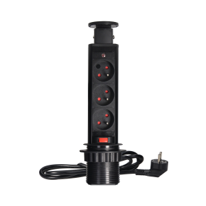 Pop up Ø6cm desk socket with 1.8m cable and locking system, 3x2P+E, black