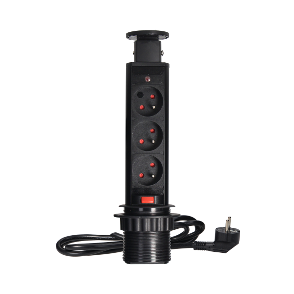 Pop up Ø6cm desk socket with 1.8m cable and locking system, 3x2P+E, black