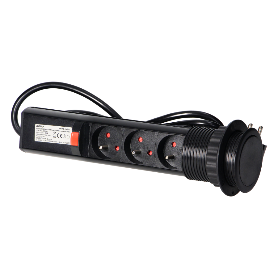 Pop up Ø6cm desk socket with 1.8m cable and locking system, 3x2P+E, black