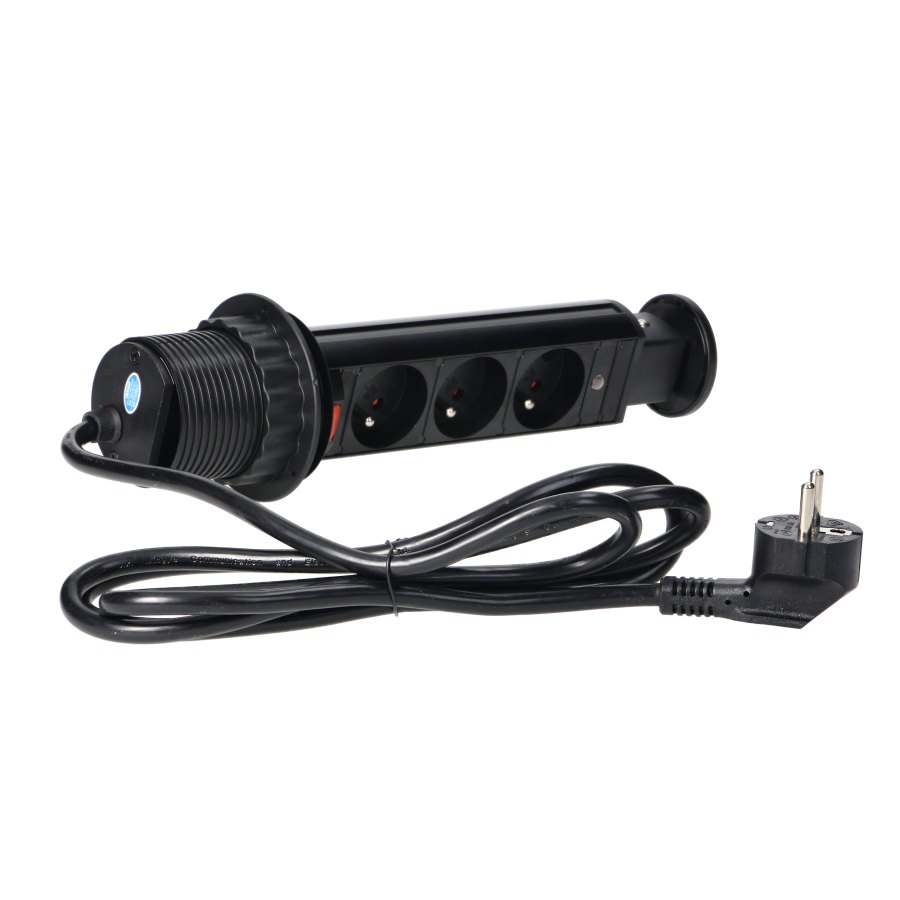 Pop up Ø6cm desk socket with 1.8m cable and locking system, 3x2P+E, black