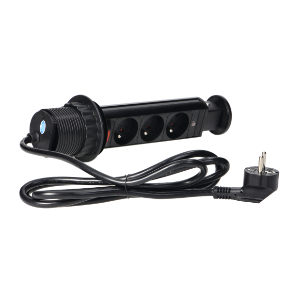Pop up Ø6cm desk socket with 1.8m cable and locking system, 3x2P+E, black
