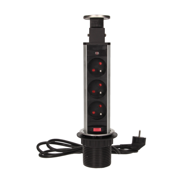 Gniazdo meblowe Ø6cm wysuwane z blatu z blokadą i przewodem 1,8m, 3x2P+Z, INOX